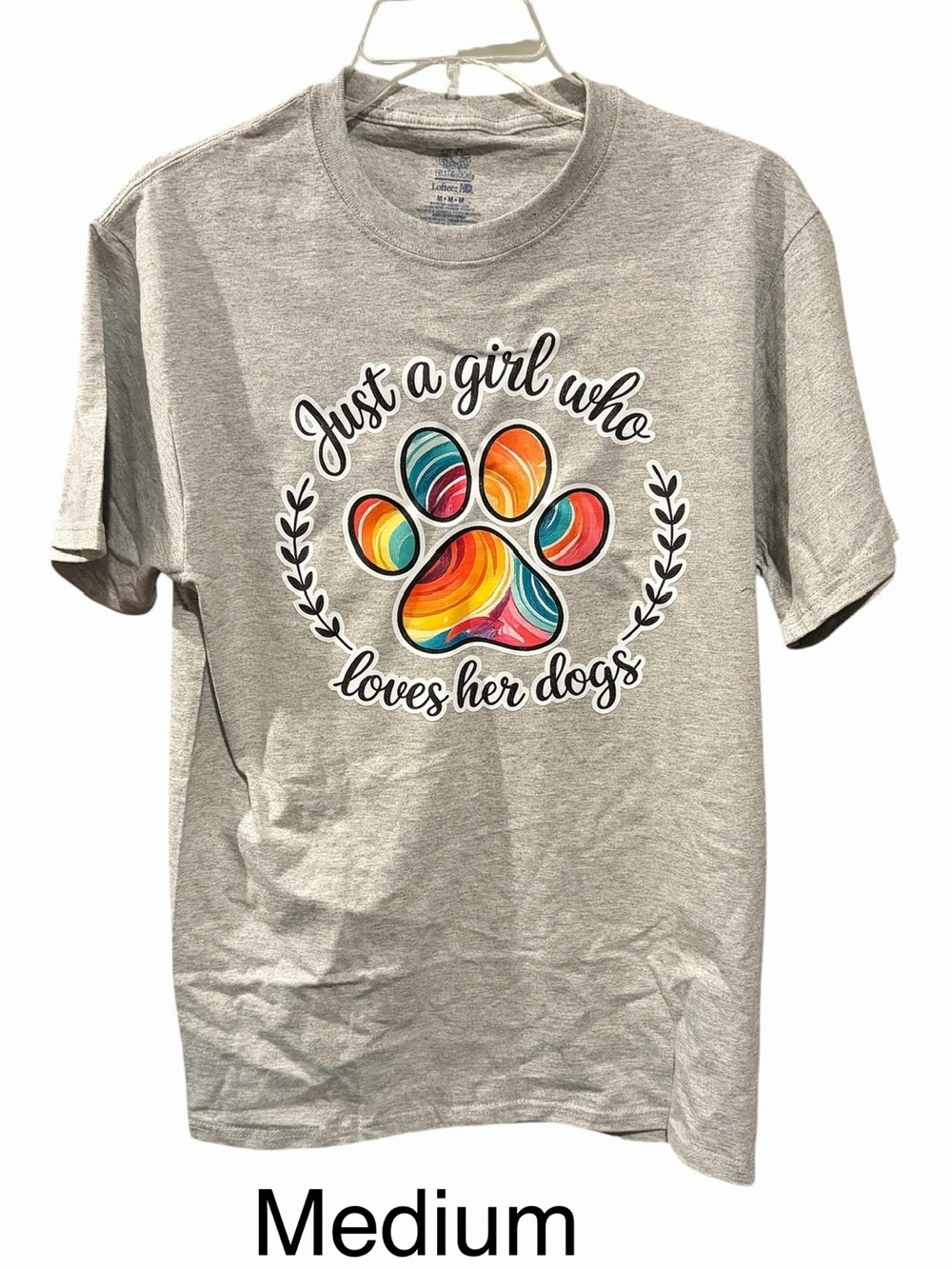 Fruit of the Loom Gray T-Shirt with Colorful Multicolor Paw Print